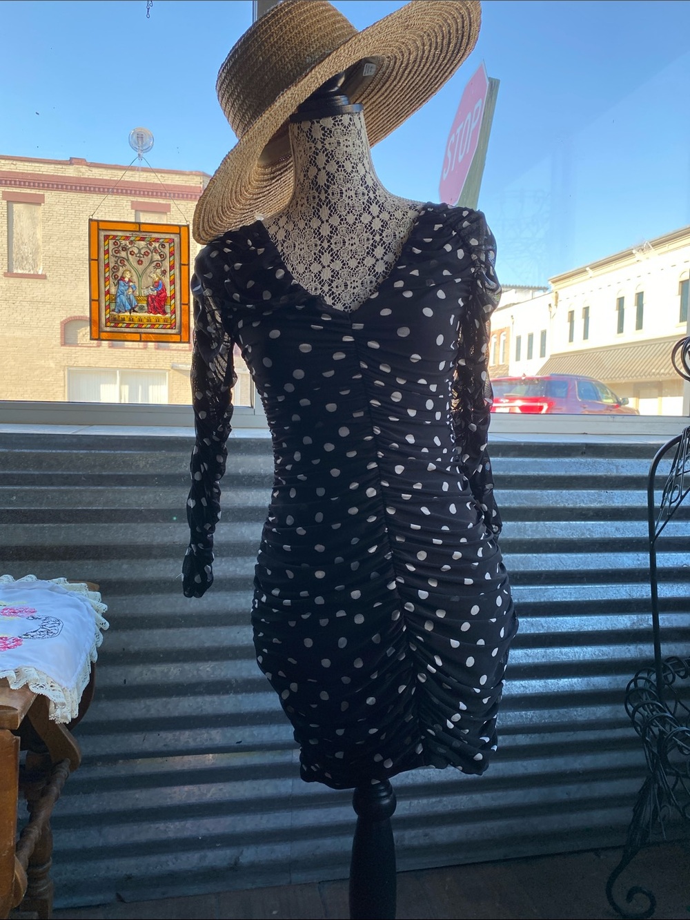 free press Black and White Polka Dot Ruched Long Sleeve Dress Made in USA XS